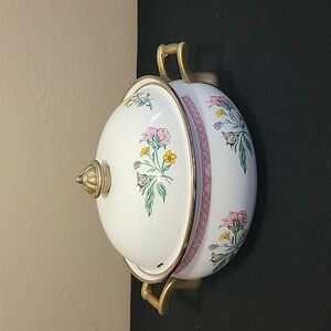 Floral Enamel Pot with Lid Brass Handles